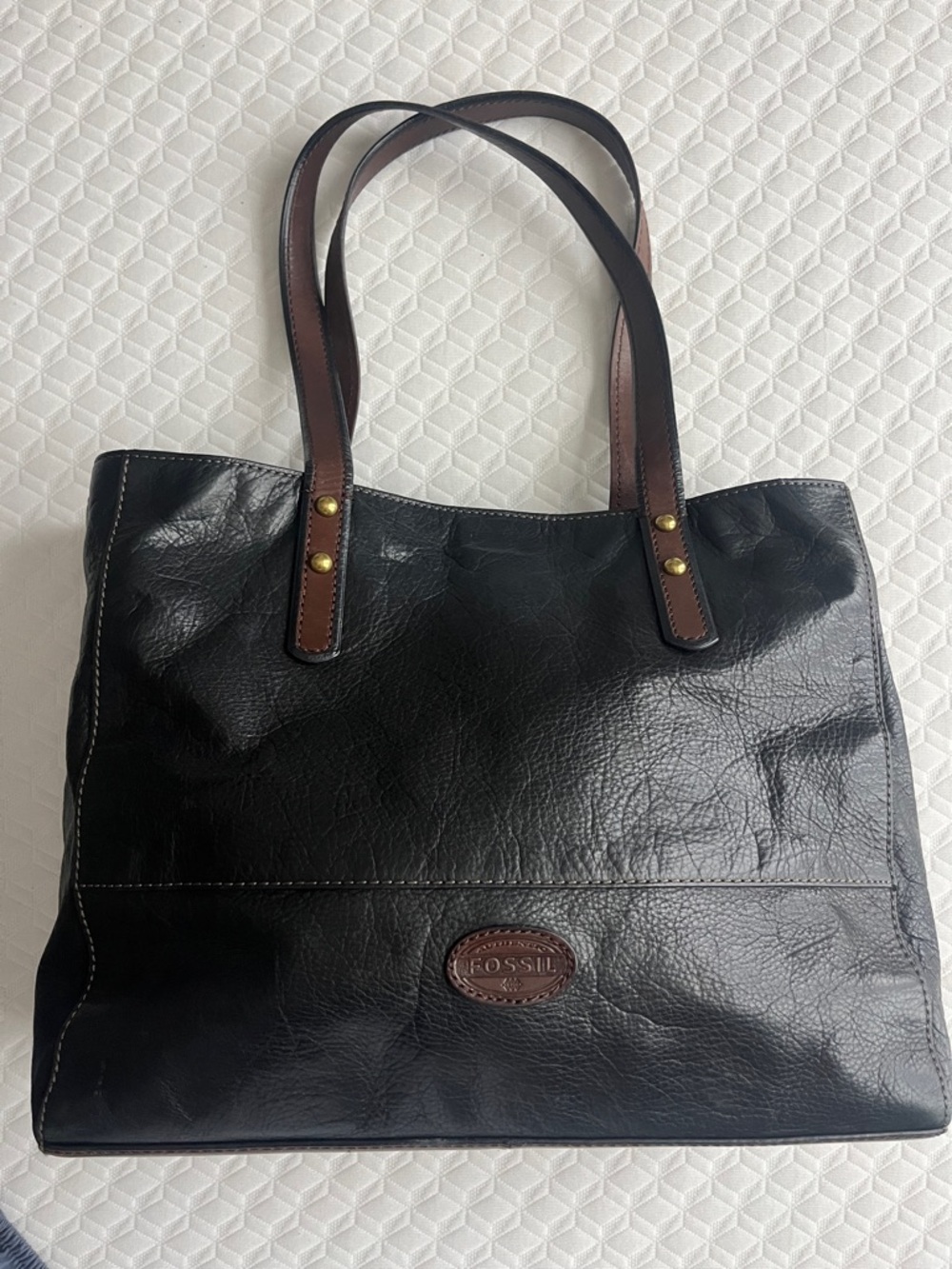 Fossil Black Leather Tote with Brown Strap Accents